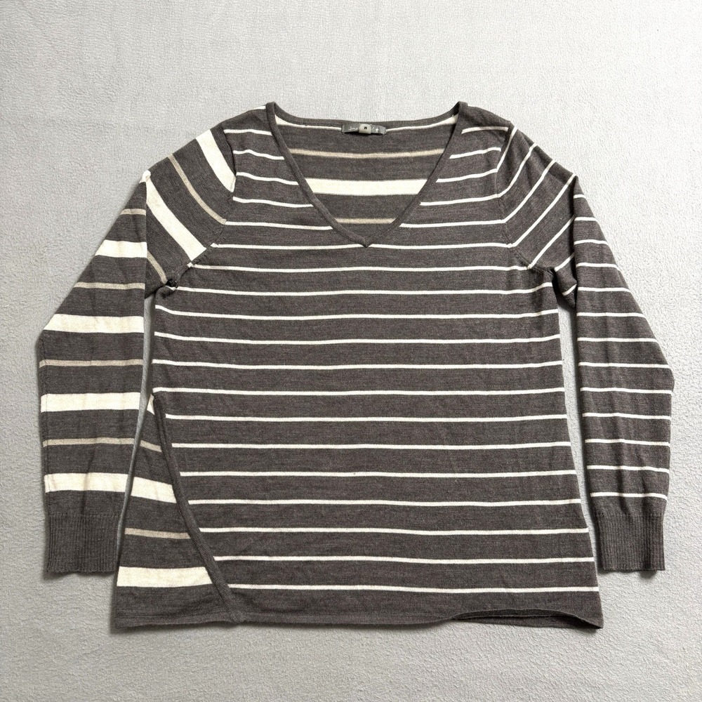 Smartwool Sweater Womens Medium‎ Brown Merino Wool Blend Striped V Neck